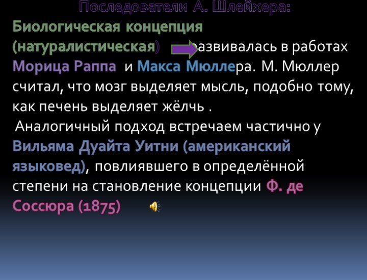 Последователи А. Шлейхера: Биологическая концепция (натуралистическая)  развивалась в работах Морица Раппа и Макса